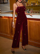 Women's Rhinestone Decor Velvet Wide Leg Jumpsuit, Party Outfit